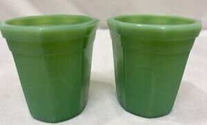 1940s AKRO Slag Agate Glass Child's Set of Two 2" Green Tumblers